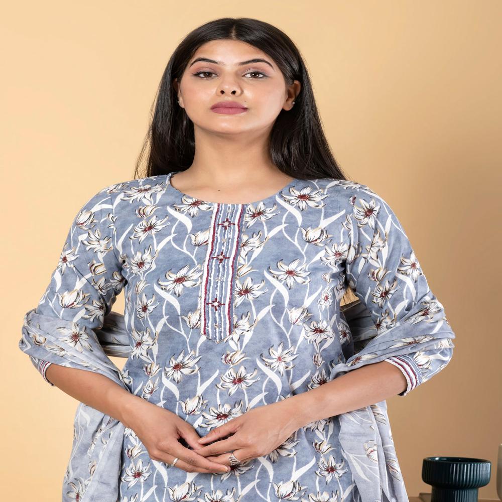 Straight Style Cotton Fabric Grey Color Kurta And Bottom With Dupatta