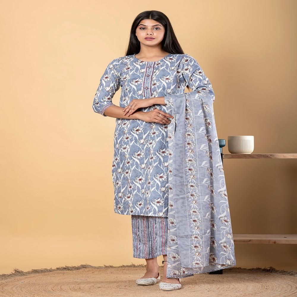 Straight Style Cotton Fabric Grey Color Kurta And Bottom With Dupatta