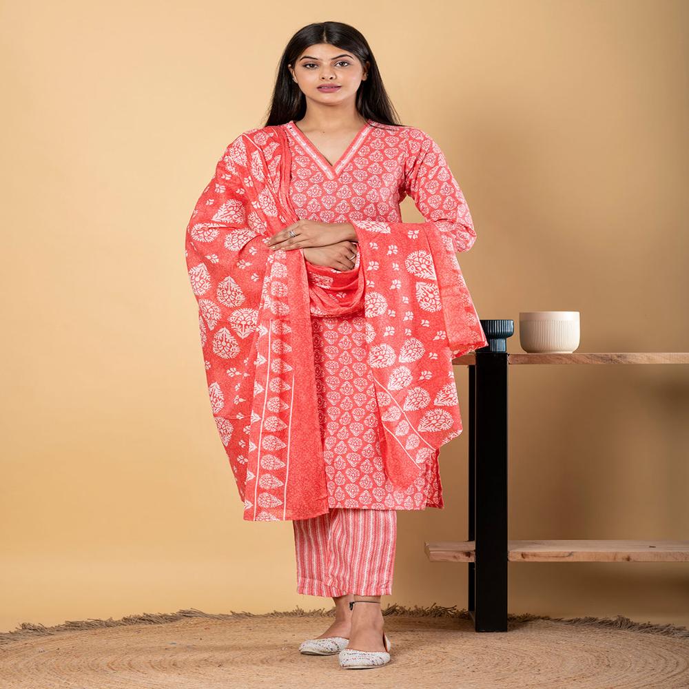 Straight Style Cotton Fabric Peach Color Kurta And Bottom With Dupatta