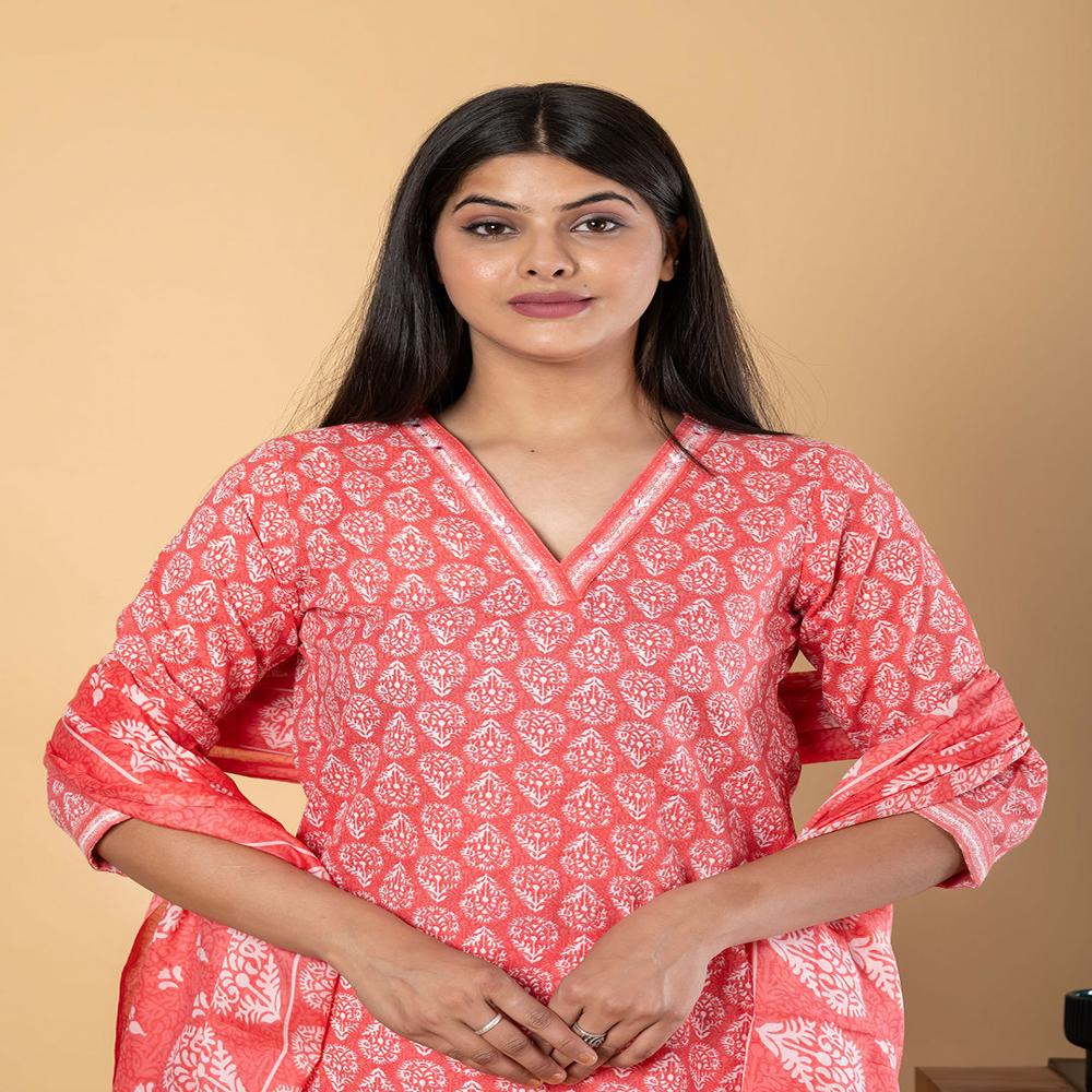 Straight Style Cotton Fabric Peach Color Kurta And Bottom With Dupatta