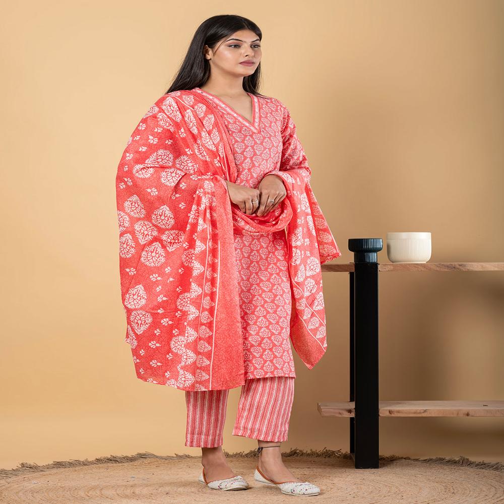 Straight Style Cotton Fabric Peach Color Kurta And Bottom With Dupatta