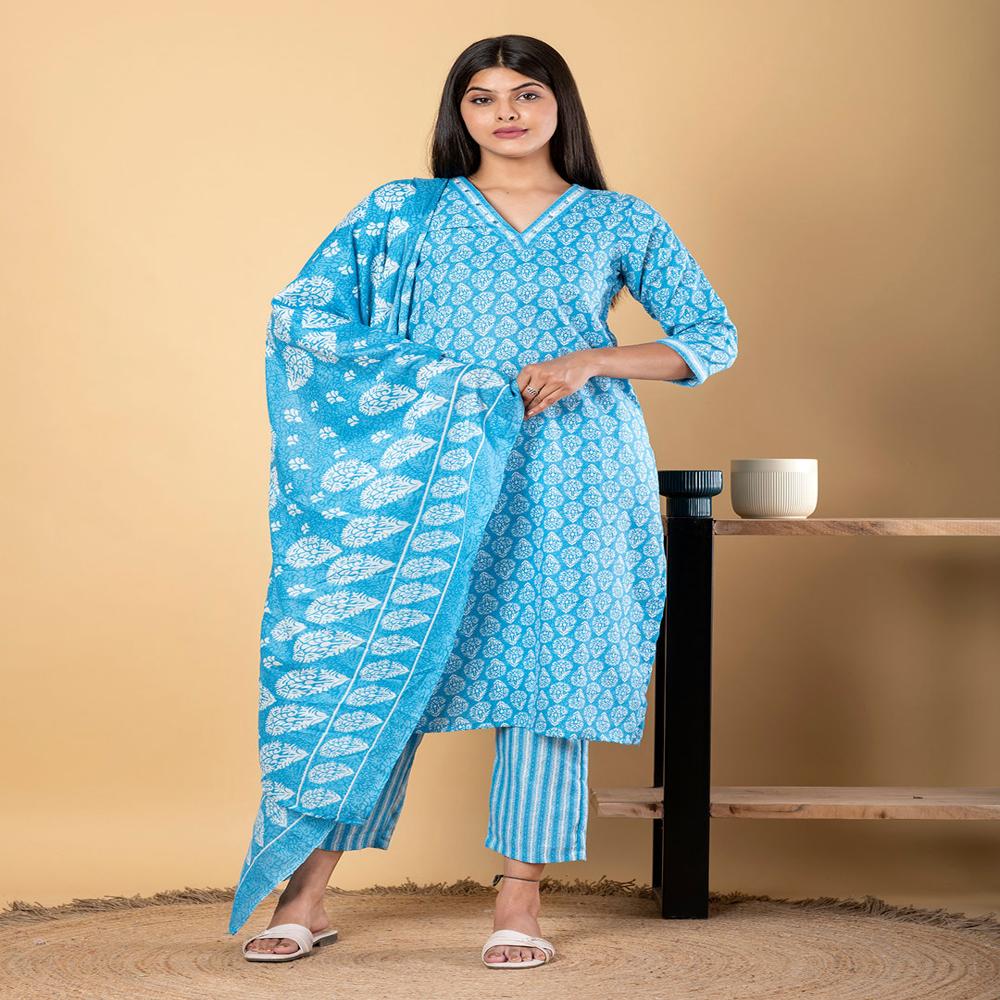 Straight Style Cotton Fabric Blue Color Kurta And Bottom With Dupatta