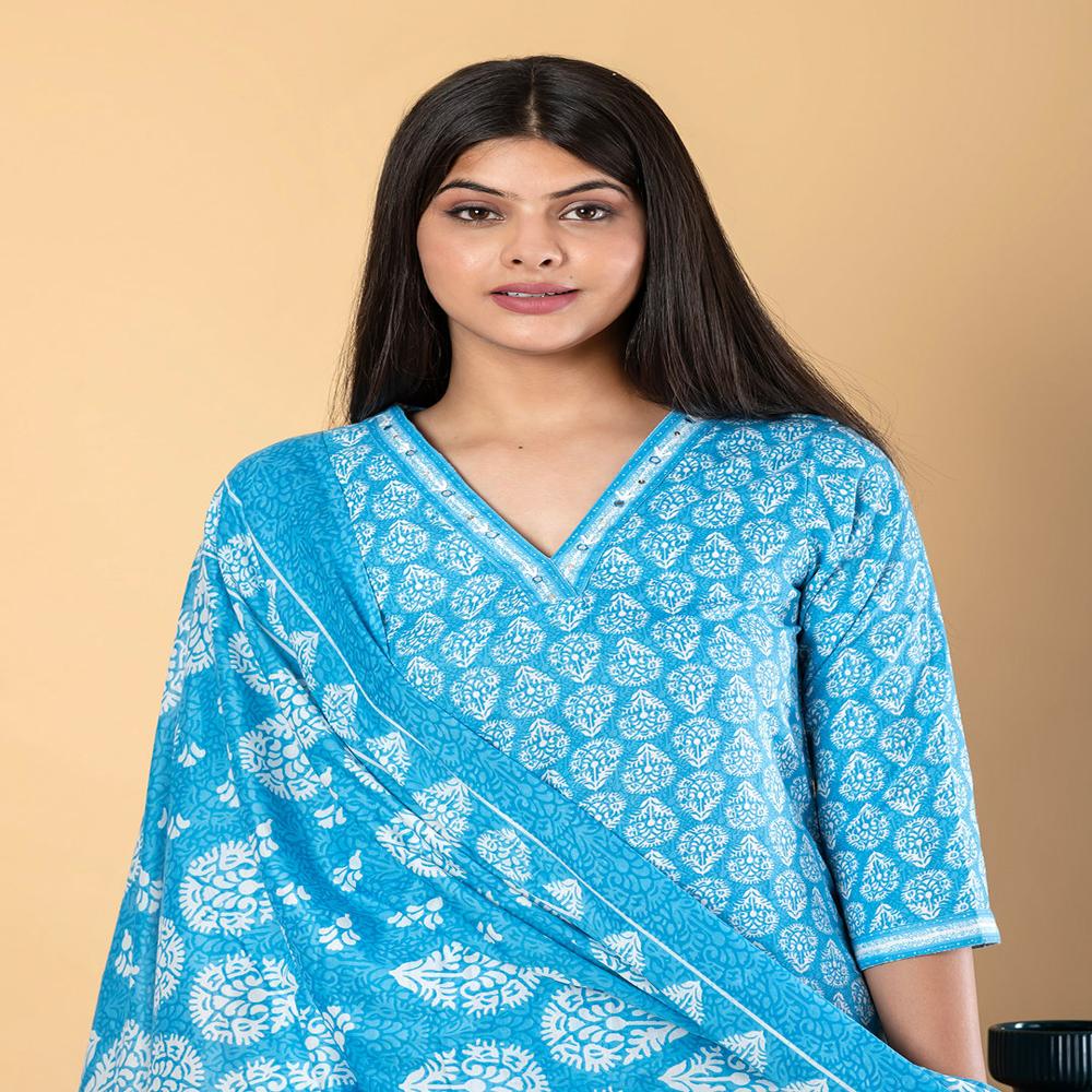Straight Style Cotton Fabric Blue Color Kurta And Bottom With Dupatta