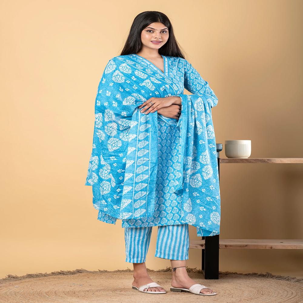 Straight Style Cotton Fabric Blue Color Kurta And Bottom With Dupatta