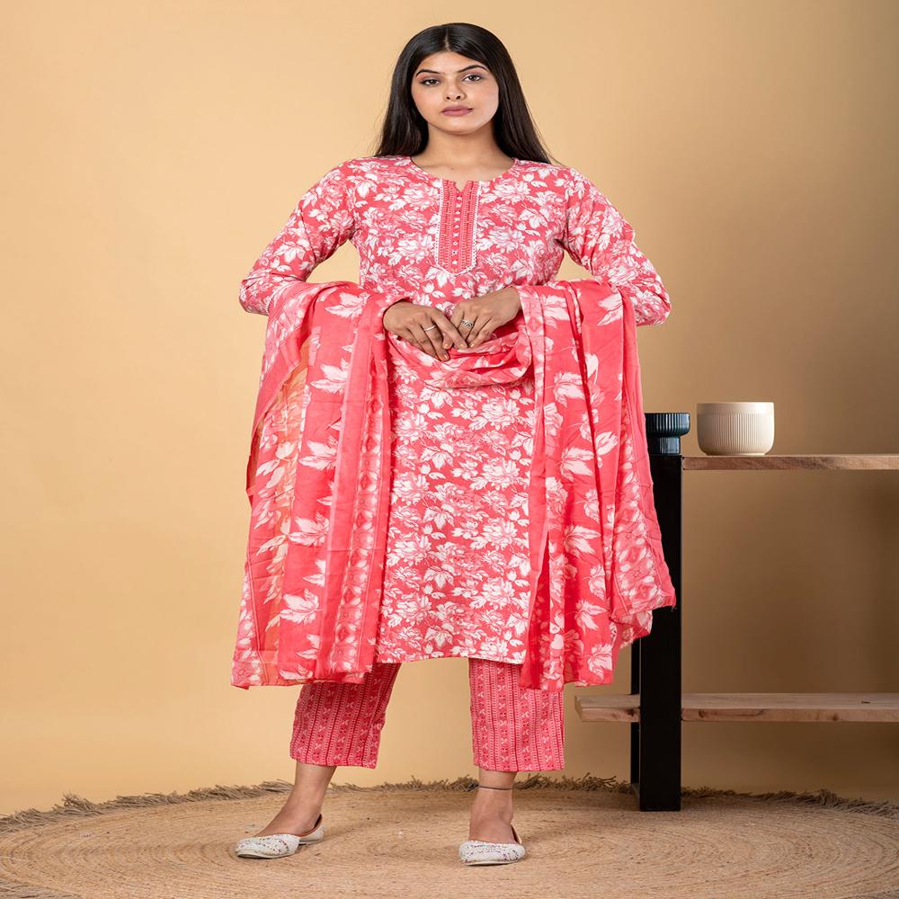 Straight Style Cotton Fabric Peach Color Kurta And Bottom With Dupatta