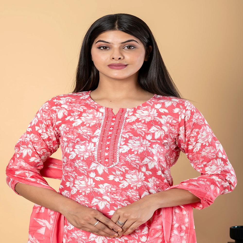 Straight Style Cotton Fabric Peach Color Kurta And Bottom With Dupatta
