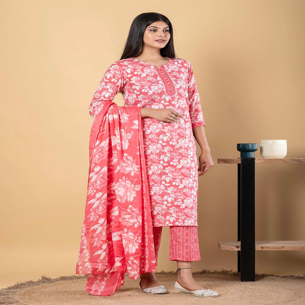Straight Style Cotton Fabric Peach Color Kurta And Bottom With Dupatta