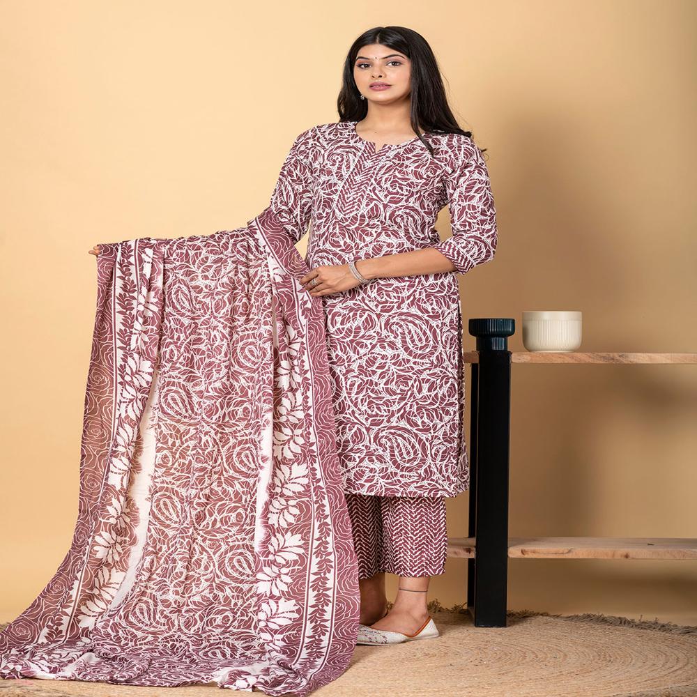 Straight Style Cotton Fabric Turquoise Blue Color Kurta And Bottom With Dupatta