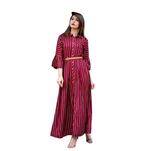 Striped Maroon Maxi Crepe Dress