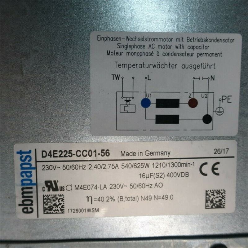 ebmpapst D4E225-CC01-56 230V AC 50/60HZ 2.4/2.75A 540/625W 1210/1300RPM ABB Inverter Ventilation Centrifugal Cooling Fan