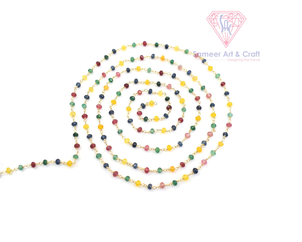 Natural Multi Gemstone Rondelle Shape Gold Plated Beaded Rosary Chain