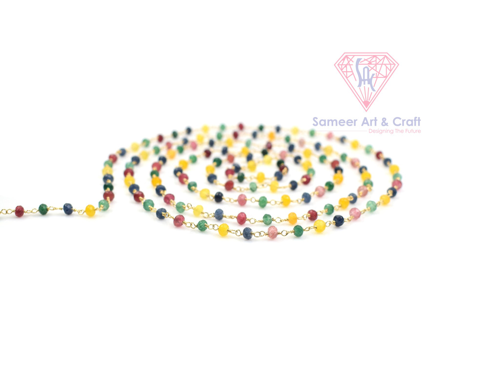 Natural Multi Gemstone Rondelle Shape Gold Plated Beaded Rosary Chain