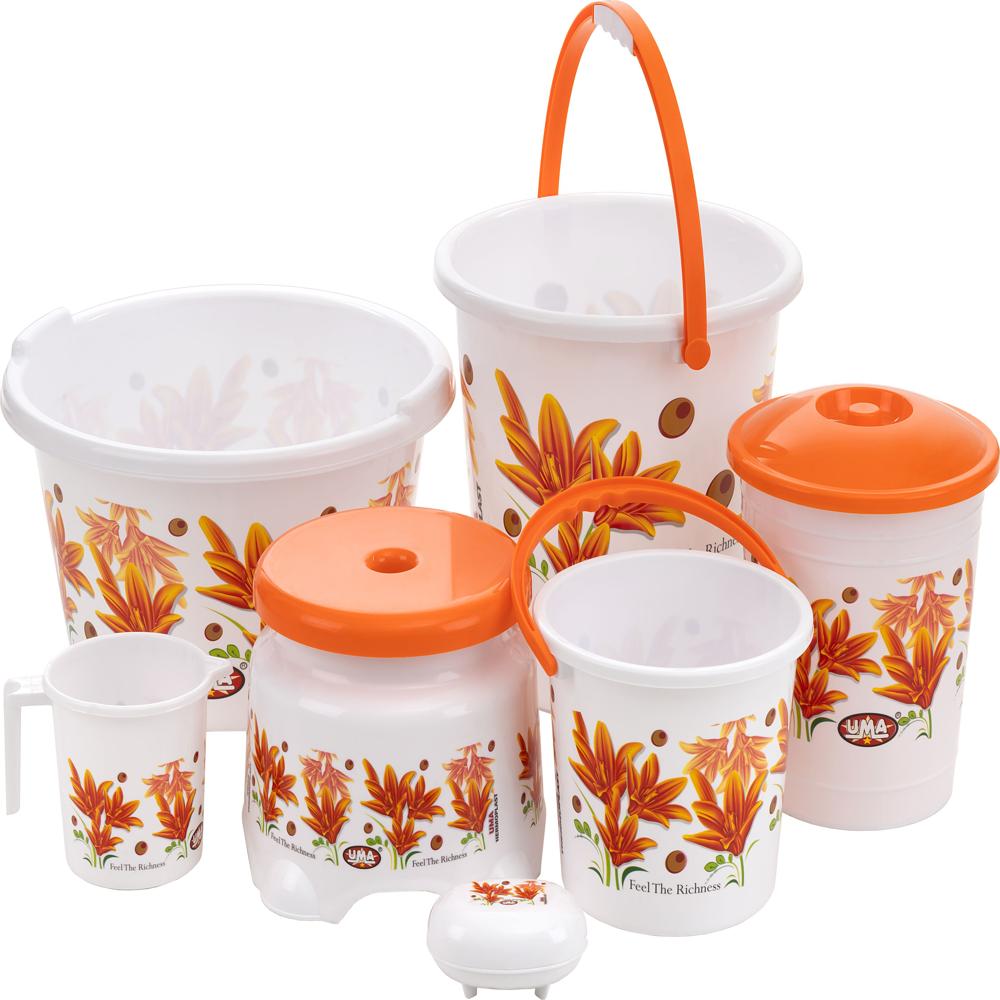 7 Pieces Orange Color Bathset Wiith Normal Dustbin - Color: Multicolour