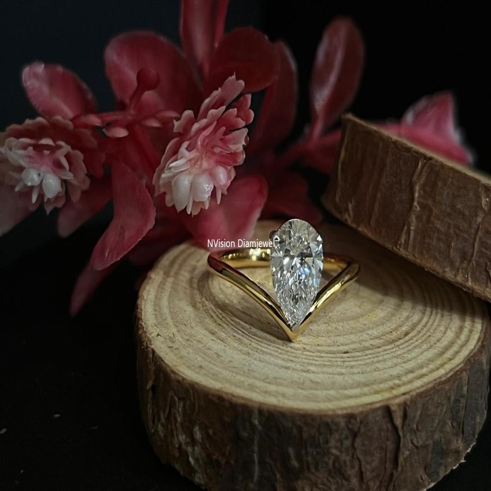 Modern Grace Golden Drop Pear Natural Diamond Solitaire Ring