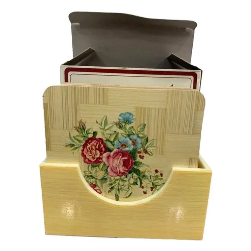 6 Inch Printed Square Wooden Tea Coaster - Color: Beige