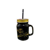 3 Pc Glass Mug With Straw - Color: Black