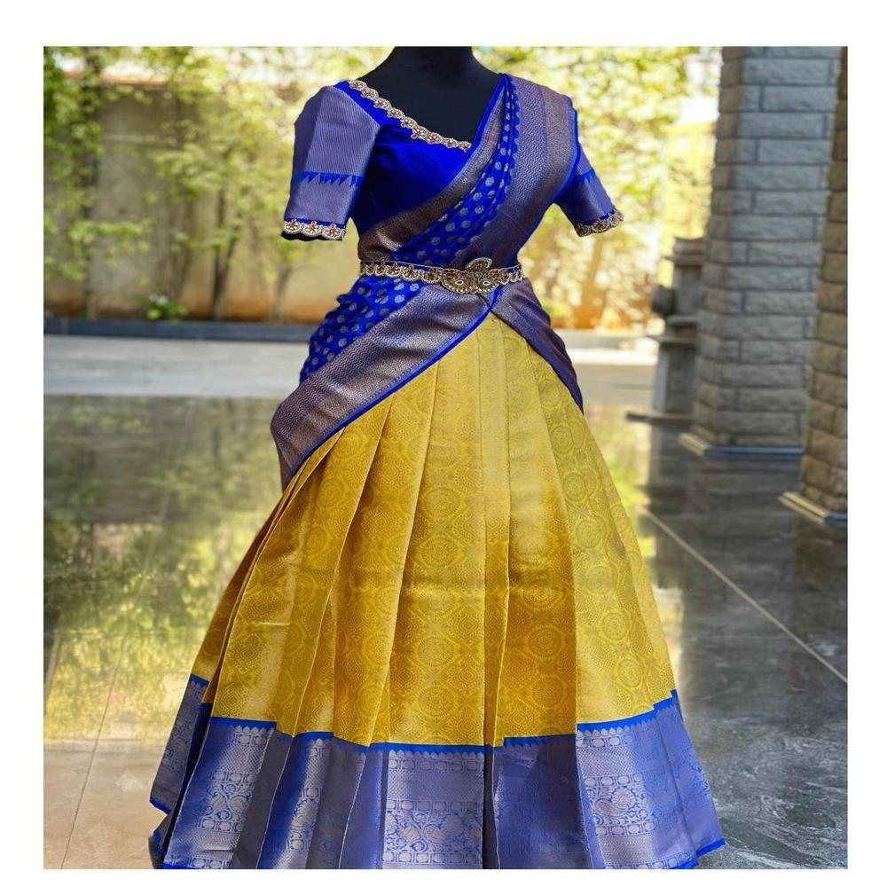 Designer Kanjivaram Style Lehenga - Kanjivaram Silk, 3m Unstitch Blouse, 2.25m Dupatta With Jari Work | Yellow-blue, Short Sleeves, Traditional Wear