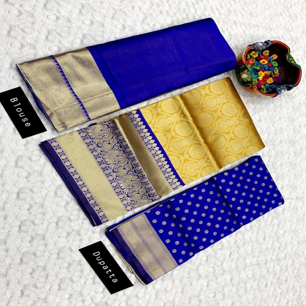 Designer Kanjivaram Style Lehenga - Kanjivaram Silk, 3m Unstitch Blouse, 2.25m Dupatta With Jari Work | Yellow-blue, Short Sleeves, Traditional Wear