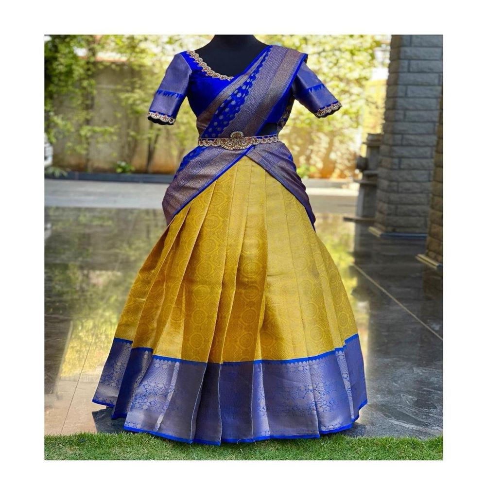 Designer Kanjivaram Style Lehenga - Kanjivaram Silk, 3m Unstitch Blouse, 2.25m Dupatta With Jari Work | Yellow-blue, Short Sleeves, Traditional Wear