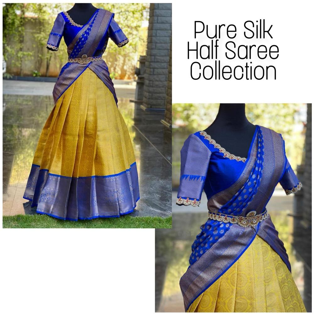 Designer Kanjivaram Style Lehenga - Kanjivaram Silk, 3m Unstitch Blouse, 2.25m Dupatta With Jari Work | Yellow-blue, Short Sleeves, Traditional Wear