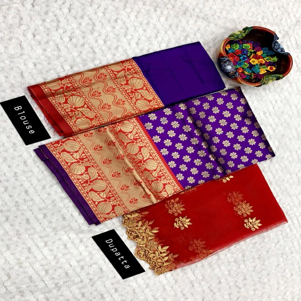 Designer Kanjvaram Style Lehenga - Color: Red-blue