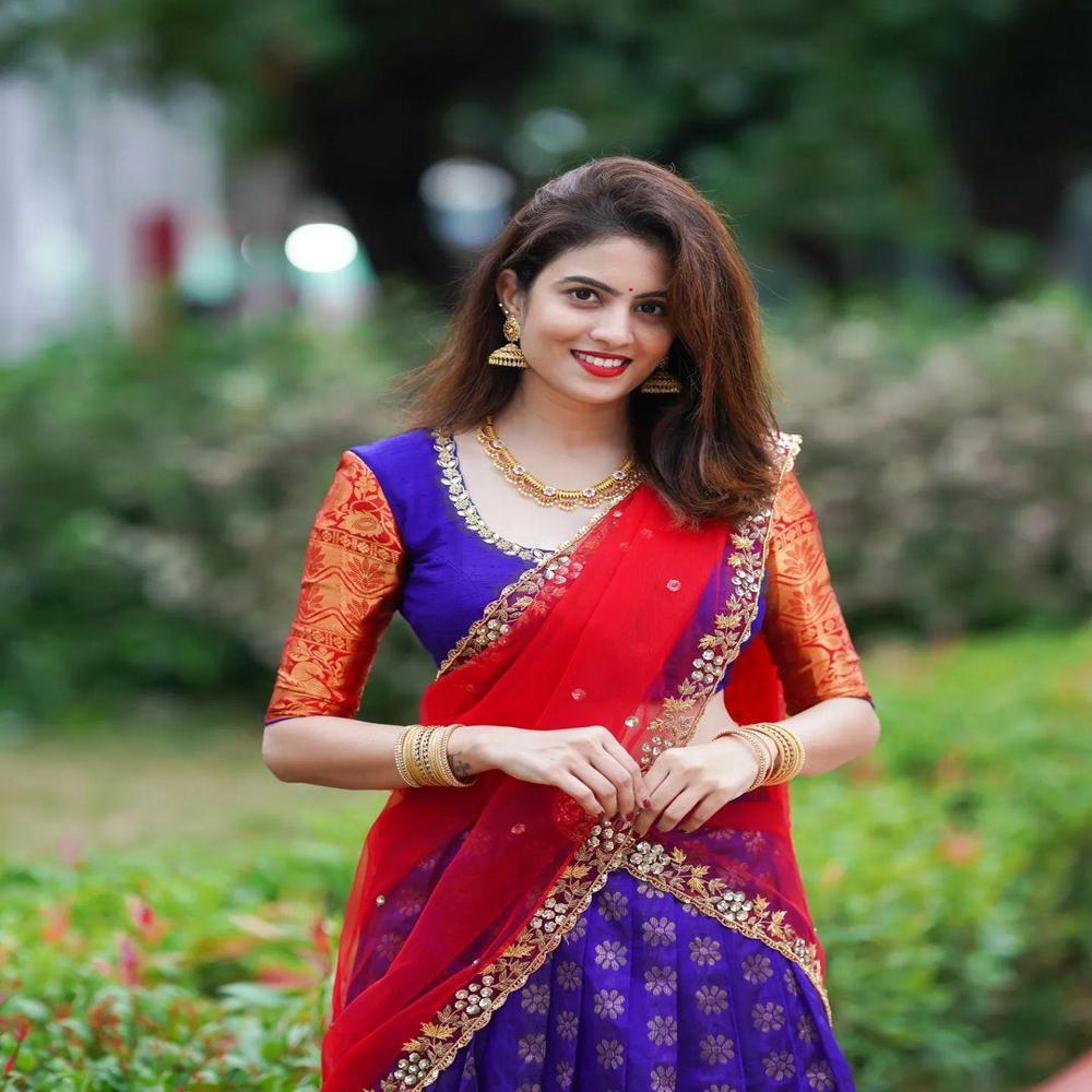 Designer Kanjvaram Style Lehenga - Color: Red-blue