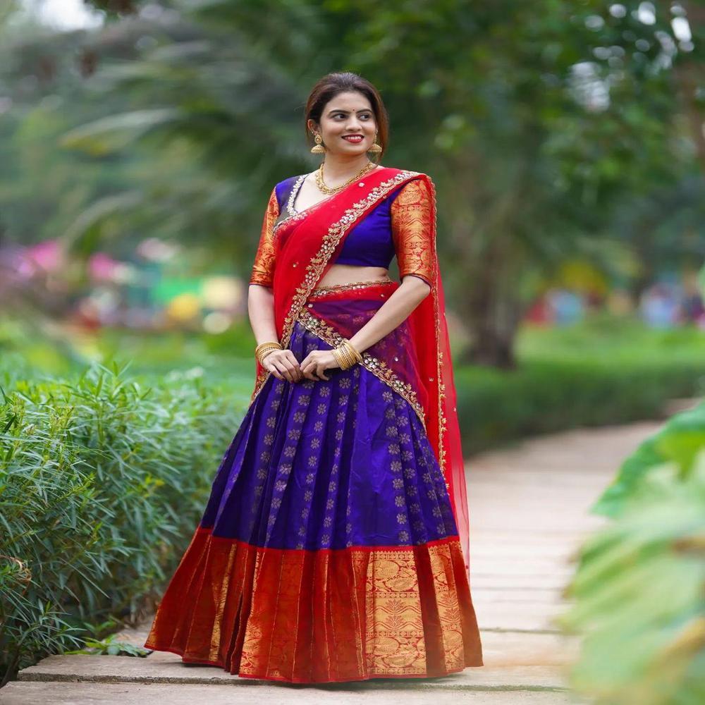 Designer Kanjvaram Style Lehenga - Color: Red-blue