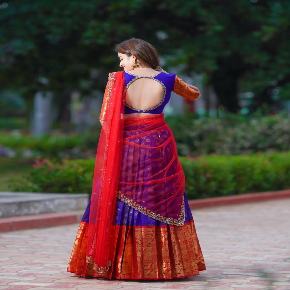 Designer Kanjvaram Style Lehenga - Color: Red-blue
