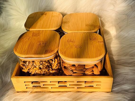 Candy Jars- Set Of 4 With Wooden Tray And Lid