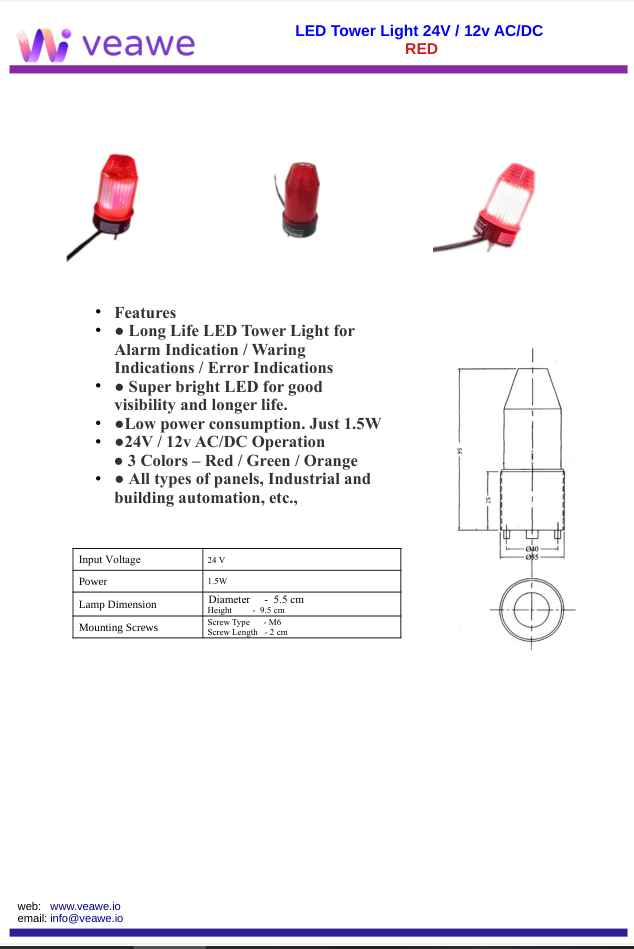 Industrial LED Tower Light RED 24V AC DC