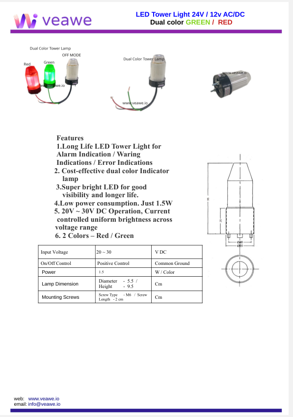 Industrial LED Dual Tower Light RED-GREEN 12V AC DC
