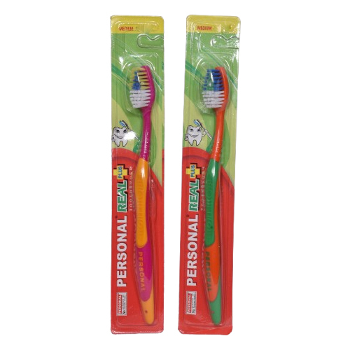 Real Plus Tooth Brush - Nylon/pbt/dupont Tynex Bristles, Standard Size , Multicolor Soft Bristles With Durable Lightweight Plastic Handle