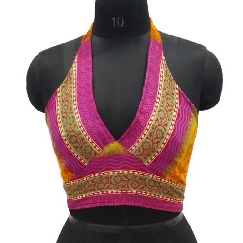Embroidered V Neck Printed Silk Bikini Top - Color: Different Available