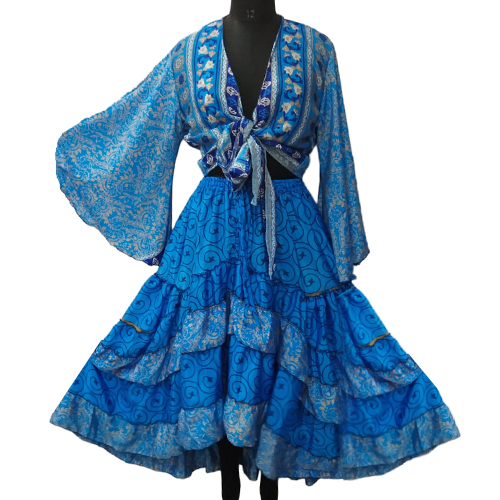 Printed Silk Thai Skirt And Tie Tops Set - Color: Different Available