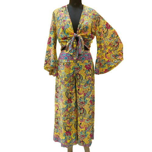 Printed Silk Plazo And Tie Top Set - Color: Different Available