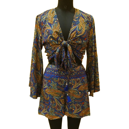Stylish Printed Silk Tie Top And Short Set - Color: Different Available