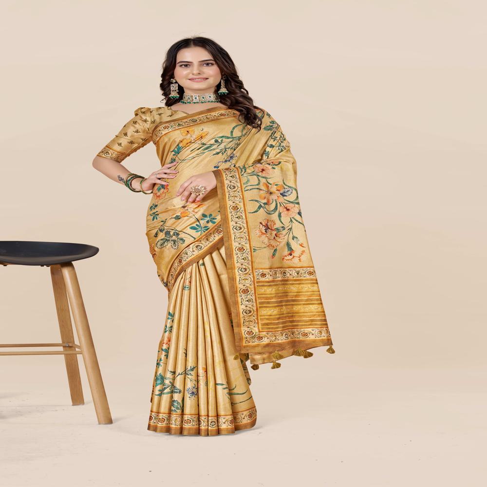 Yellow And Green Floral Saree