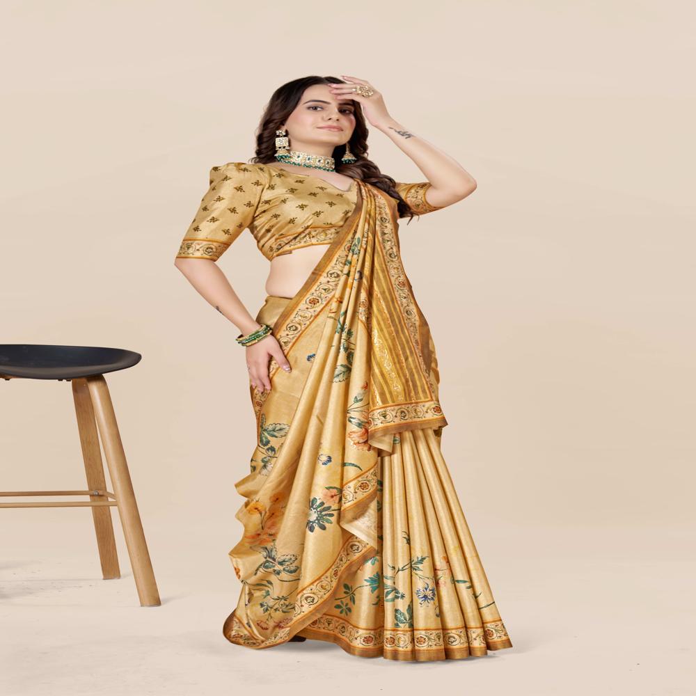 Yellow And Green Floral Saree