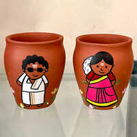 Set of 2 Terracota Mugs with Hand Painted Caricature