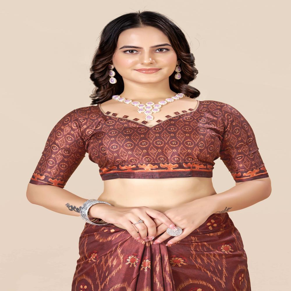 Brown And Blue Ikat Saree