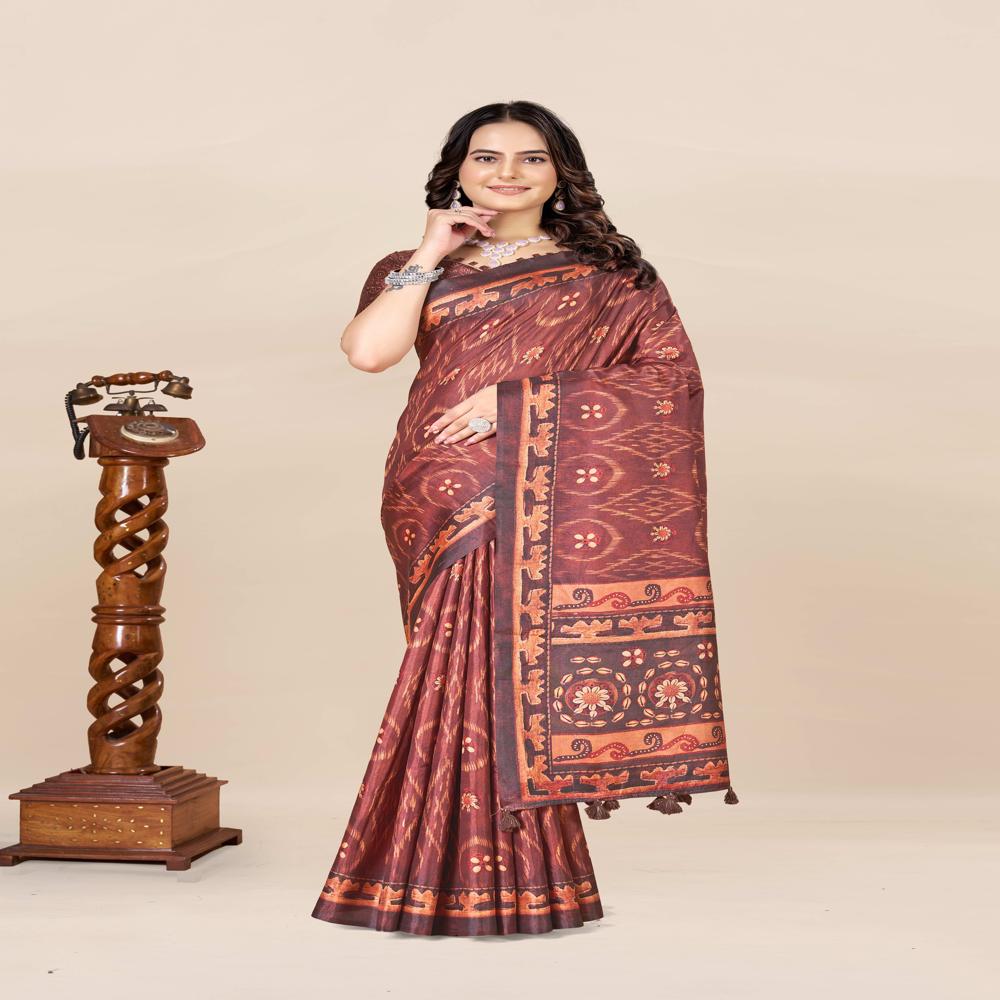Brown And Blue Ikat Saree