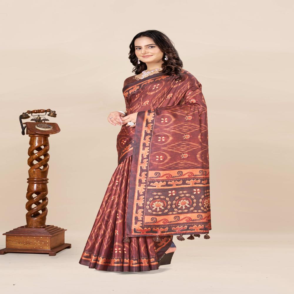 Brown And Blue Ikat Saree