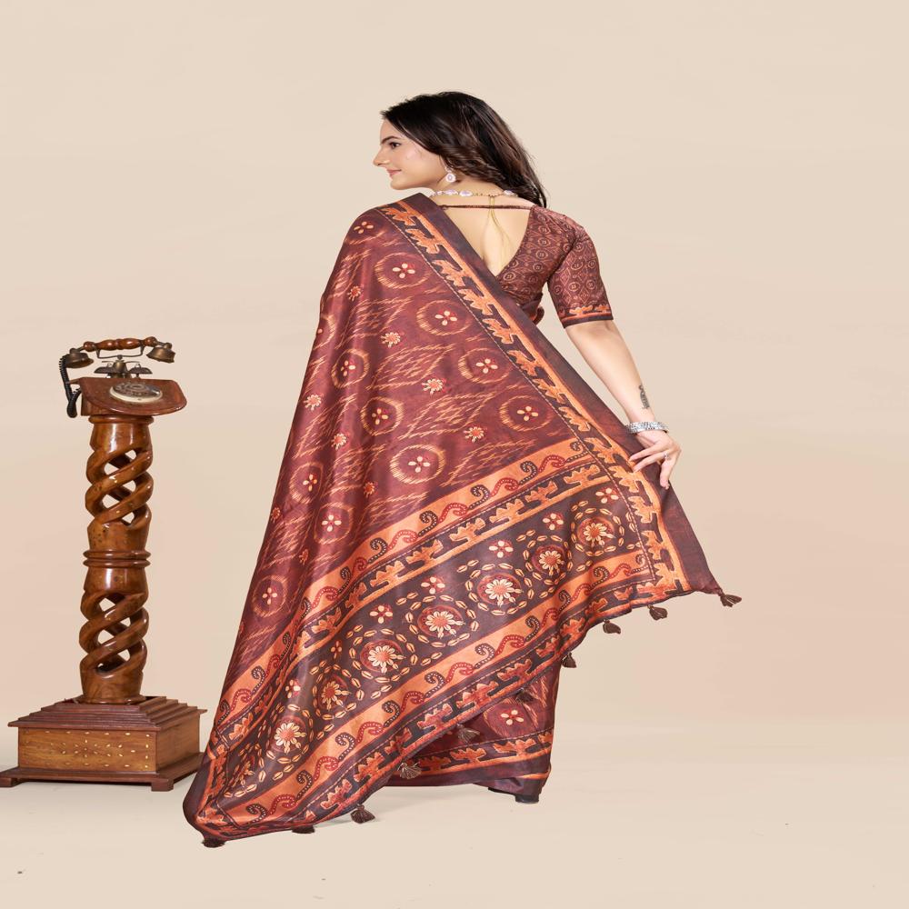Brown And Blue Ikat Saree