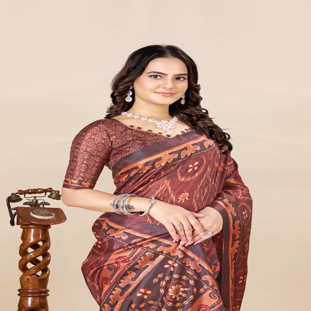 Brown And Blue Ikat Saree