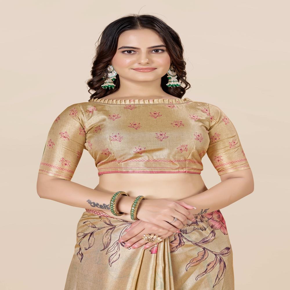 Gold Toned And Pink Saree - Design: Floral Pallu Frame For A Sophisticated Appeal