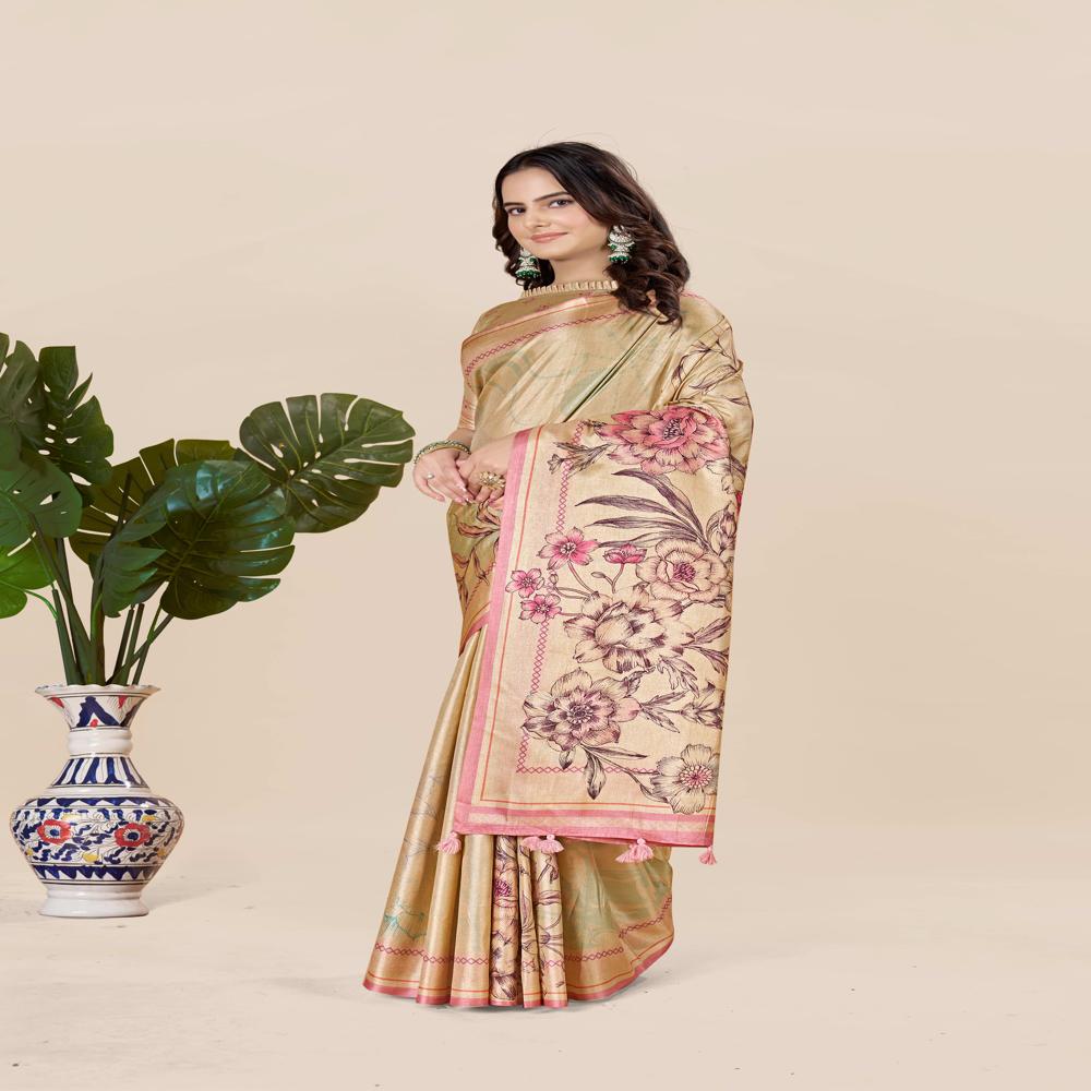 Gold Toned And Pink Saree - Design: Floral Pallu Frame For A Sophisticated Appeal