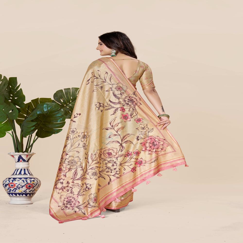 Gold Toned And Pink Saree - Design: Floral Pallu Frame For A Sophisticated Appeal