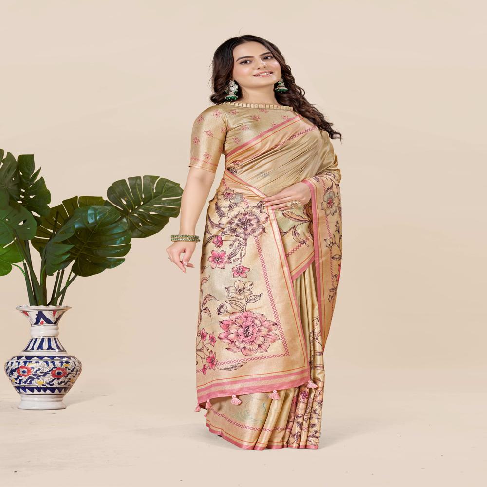 Gold Toned And Pink Saree - Design: Floral Pallu Frame For A Sophisticated Appeal