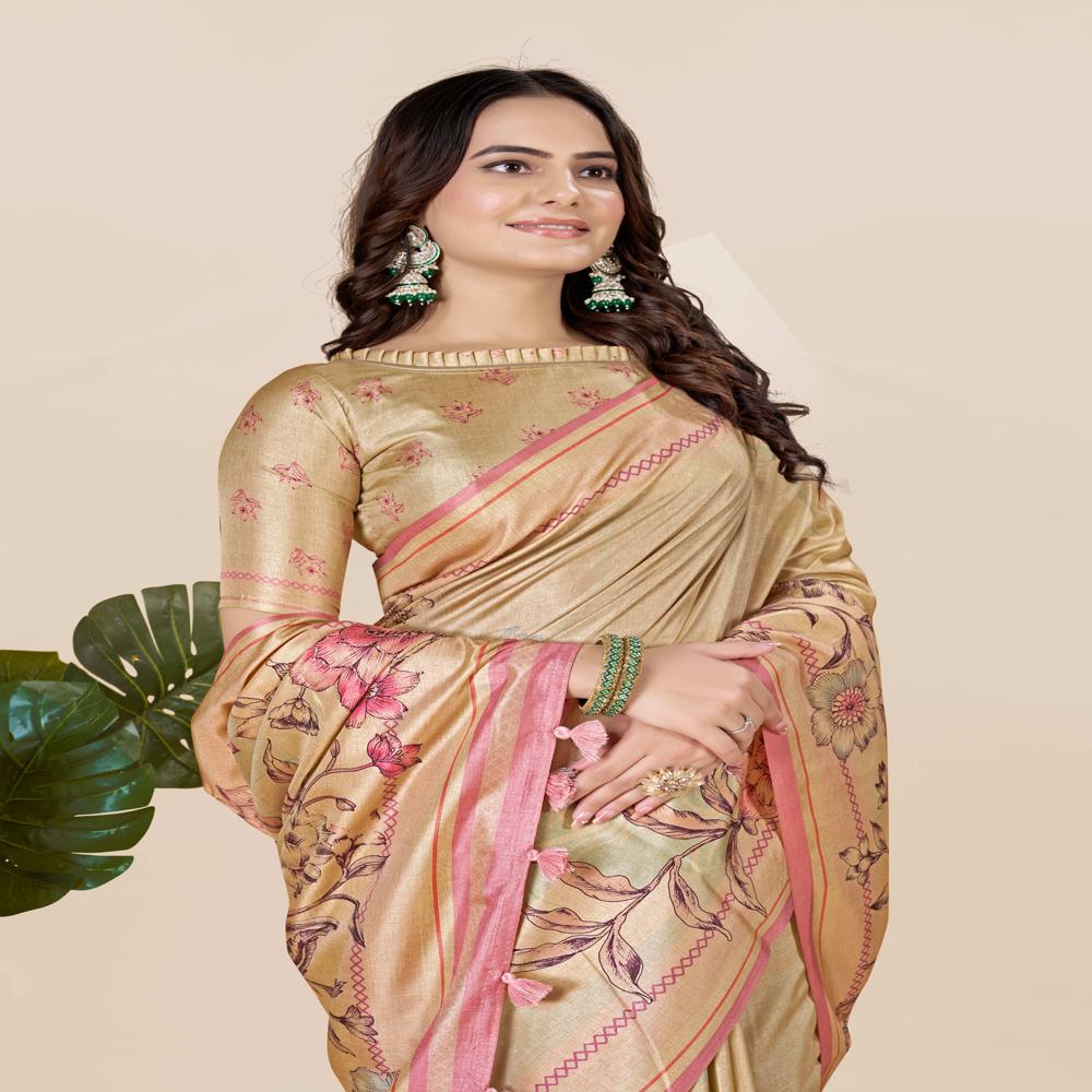 Gold Toned And Pink Saree - Design: Floral Pallu Frame For A Sophisticated Appeal
