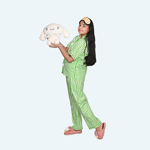 Girls Green Night Suit Set, Half Sleeve Full Length In Cotton